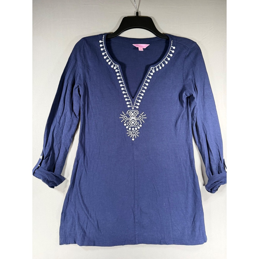 Lilly Pulitzer Womens XS Navy Blue Embroidered VNeck Roll Sleeve Cotton Tunic